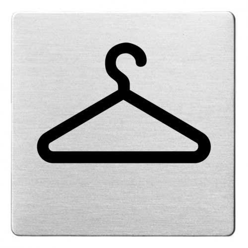 Piktogramm Garderobe mit abgerundeten Ecken, schwarzer Kleiderbügel auf silbernem Hintergrund