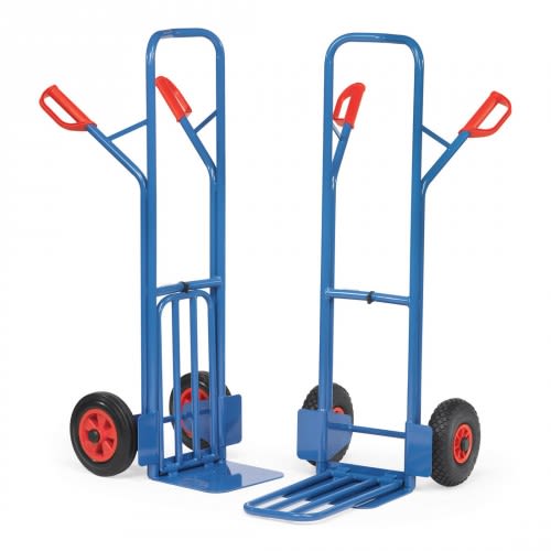 FETRA Paketkarre K1326L in Blau mit roten Griffen und Tragkraft 300 kg, zwei Ansichten