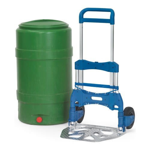 FETRA Paketroller 1735 mit blauer Griffstange und Tragkraft 250 kg neben grünem Fass