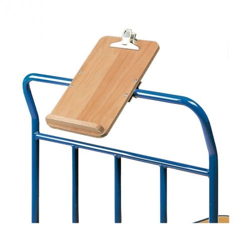 FETRA® Schreibtafel 1290 mit Holzplatte und Metallclip auf blauem Metallgestell