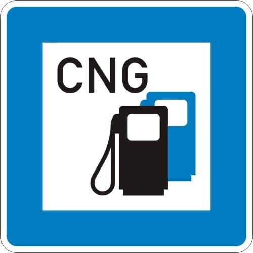 Verkehrsschild VZ 365-54 Tankstelle mit Erdgas CNG Symbol auf blauem Hintergrund