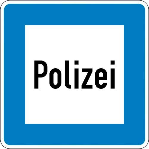 Polizei Verkehrsschild VZ 363 blaues Schild mit weißem Quadrat und schwarzem Schriftzug Polizei