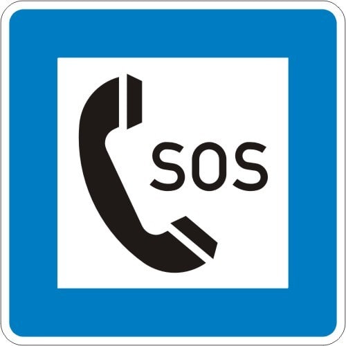 Verkehrsschild Notrufsäule mit Telefonhörer und SOS Symbol auf blauem Hintergrund