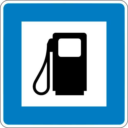 Verkehrsschild Tankstelle VZ 365-52 mit Zapfsäule Symbol auf blauem Hintergrund