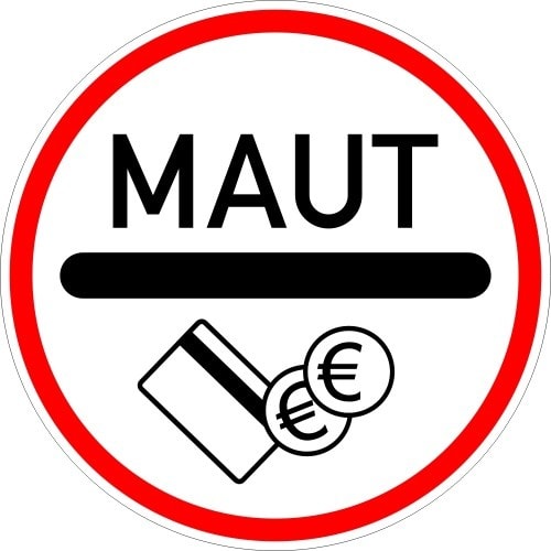 Verkehrszeichen Mautpflichtige Strecke VZ 391 mit rotem Rand, Schriftzug MAUT und Symbolen für Zahlung mit Karte und Euro-Münzen