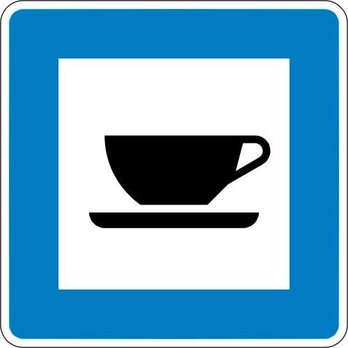 Verkehrsschild Autobahnkiosk VZ 365-57 mit Symbol einer Kaffeetasse auf blauem Hintergrund