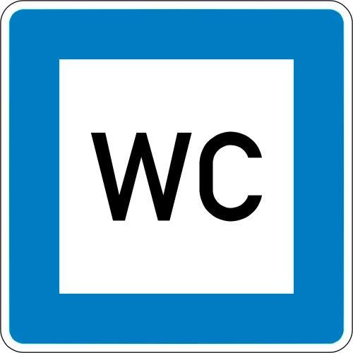Verkehrsschild Toilette VZ 365-58 mit WC Symbol auf blauem Hintergrund