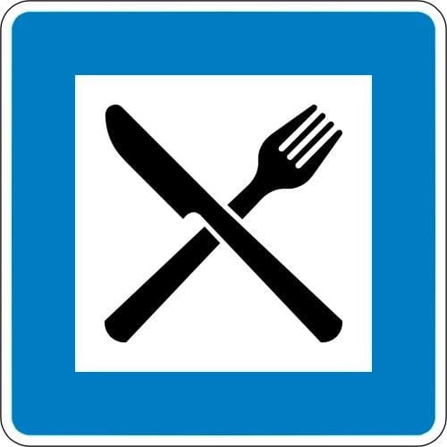 Verkehrsschild Autobahngasthaus VZ 365-56 mit Messer und Gabel Symbol auf blauem Hintergrund