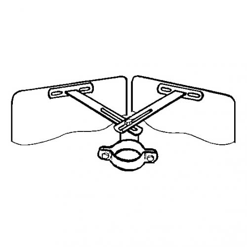 Technische Zeichnung einer Sonderrohrschelle RJH mit zwei Haltearmen und Rohrbefestigung