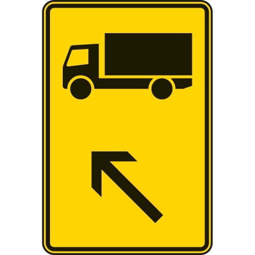Wegweiser Verkehrsschild für KFZ über 3,5 Tonnen mit links einordnen Pfeil