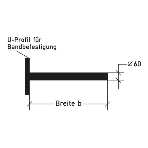 Technische Zeichnung eines Auslegers für Bandbefestigung mit U-Profil und Durchmesser 60 mm