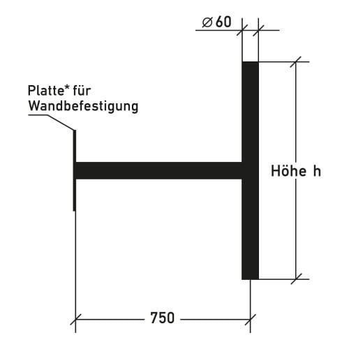 Technische Zeichnung Ausleger für Wandbefestigung Variante 2 mit Maßen 750 mm Breite und 60 mm Durchmesser