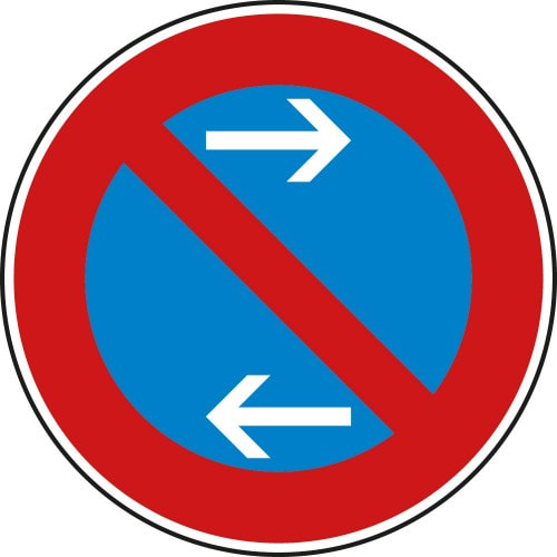 Verkehrsschild Eingeschränktes Haltverbot Mitte mit Linksaufstellung, VZ 286-31, blaues Schild mit rotem Rand und weißen Pfeilen nach links und rechts