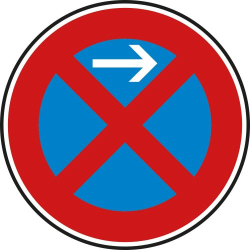 Verkehrsschild Absolutes Haltverbot Anfang mit Pfeil nach rechts, Linksaufstellung, VZ 283-21