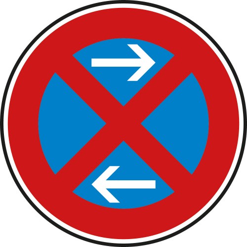 Verkehrsschild Absolutes Haltverbot Mitte mit Linksaufstellung, VZ 283-31, roter Rand, blaues Feld mit weißen Pfeilen nach links und rechts