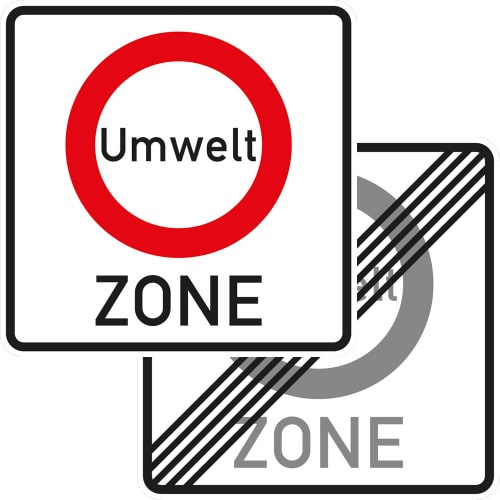 Verkehrsverbotszone zur Verminderung schädlicher Luftverunreinigung in einer Umweltzone, doppelseitiges Verkehrsschild VZ 270.1-40 mit rotem Kreis und Schrift Umwelt ZONE