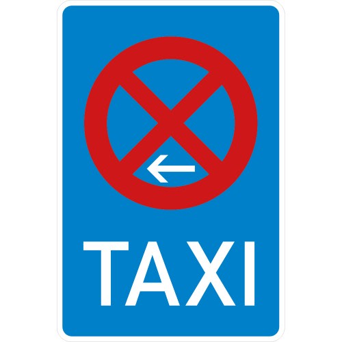 Verkehrsschild Taxenstand Ende mit Linksaufstellung, blaues Schild mit rotem Verbotssymbol und weißem Pfeil nach links, Text TAXI