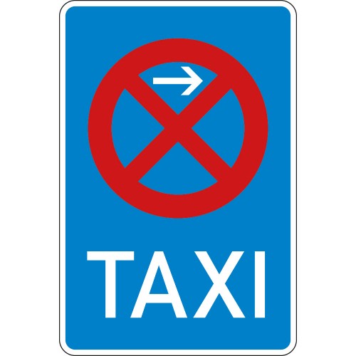 Verkehrsschild Taxenstand Anfang mit Linksaufstellung, blaues Schild mit rotem Halteverbotssymbol und weißem Pfeil nach rechts, Schriftzug TAXI