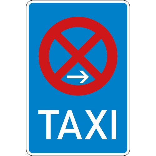 Verkehrsschild Taxenstand Ende mit Rechtsaufstellung und Pfeil nach rechts, blaues Schild mit rotem Verbotssymbol und weißer Aufschrift TAXI