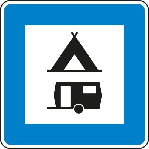 Verkehrsschild Zelt- und Wohnwagenplatz VZ 365-60 blau mit Symbolen für Zelt und Wohnwagen