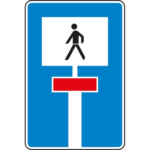 Verkehrsschild Für Fußgänger durchlässige Sackgasse VZ 357-51 blau mit Fußgängersymbol und rotem Balken