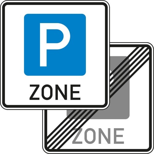 Verkehrsschild Beginn einer Parkraumbewirtschaftungszone doppelseitig mit VZ 314.2 Rückseite und VZ 314.1-40 Vorderseite