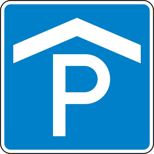 Verkehrsschild VZ 314-50 Parkhaus Parkgarage blaues Schild mit weißem P-Symbol und Dach
