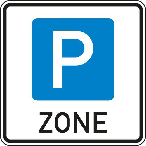 Verkehrsschild Beginn einer Parkraumbewirtschaftungszone VZ 314.1 mit blauem P-Symbol und Schriftzug ZONE