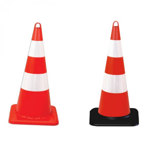 Leitkegel PLASTO teilreflektierend mit rotem und weißem Streifenmuster, zwei Varianten mit rotem und schwarzem Sockel