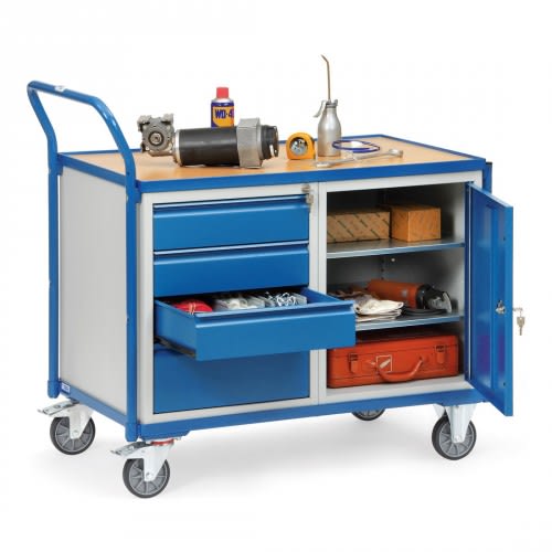 FETRA leichter Werkstattwagen Tischwagen 2635 mit 1-türigem Schrank und 4 Schubladen, Tragkraft 250 kg, blau mit Arbeitsfläche und Werkzeugen