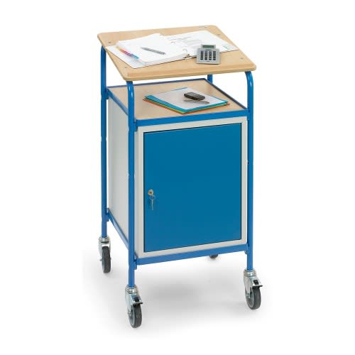 FETRA Rollpult 5836 mit geneigter Schreibfläche, zwei verstellbaren Böden, Flügeltürschrank in Blau und Holz, Breite 605 mm, Tragkraft 100 kg