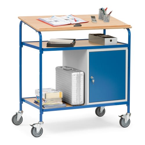 FETRA Rollpult 5838 mit geneigter Schreibfläche, 2 verstellbaren Böden, Flügeltürschrank, blaue Metallkonstruktion, Holzplatten, Rollen