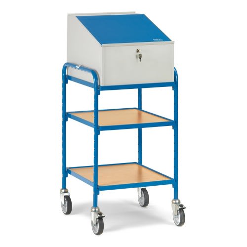 FETRA Rollpult 5844 mit geneigtem blauen Schreibpult, 2 verstellbaren Holz-Böden und blauer Metallrahmen auf Rollen