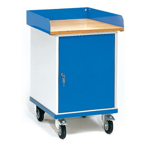 FETRA Rollschrank 2445 mit blauer Flügeltür, Arbeitsplatte aus Holz und vier Rollen, Tragkraft 150 kg