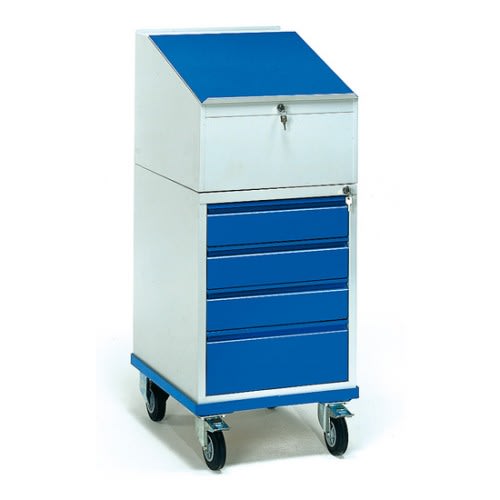 FETRA Rollschrank 2449 mit blauem Schreibpult und 4 blauen Schubladen auf Rollen, Tragkraft 150 kg
