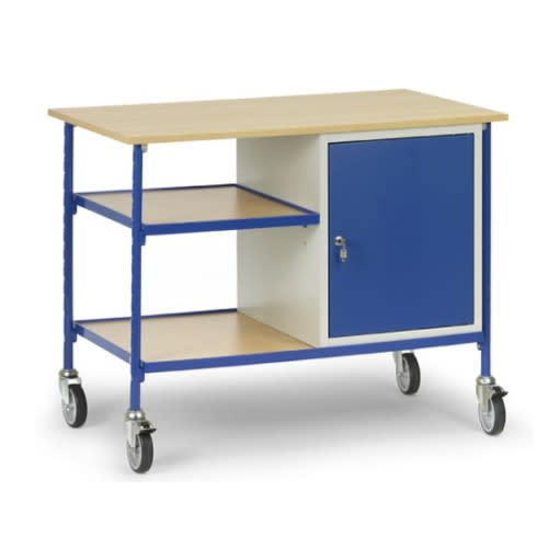FETRA Rolltisch 5864 mit Flügeltürschrank und 2 verstellbaren Böden, Tragkraft 150 kg, blauer Rahmen, Holzarbeitsplatte und Rollen