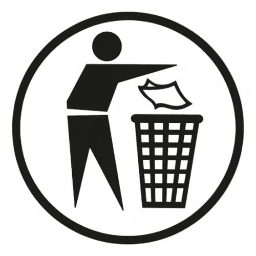 Aufkleber SAUBERMÄNNCHEN Symbol einer Person, die Papier in einen Mülleimer wirft, schwarz-weiß