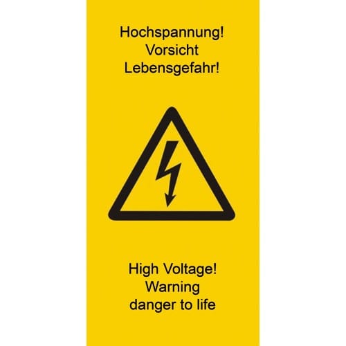 Warnetikett mit Hochspannung Warnung und Lebensgefahr Symbol in Gelb und Schwarz