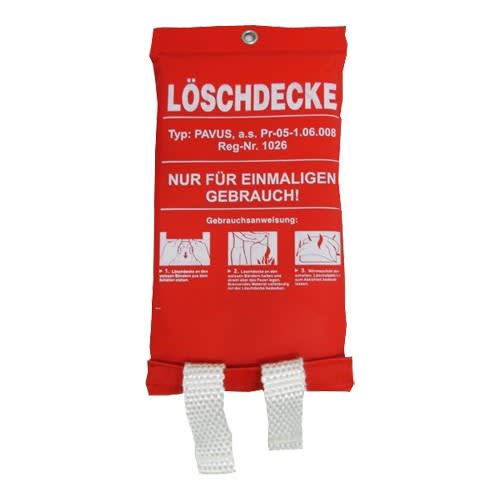 Feuerlöschdecke B&S mit Softtasche in roter Verpackung, bis +1250°C, Gebrauchsanweisung sichtbar