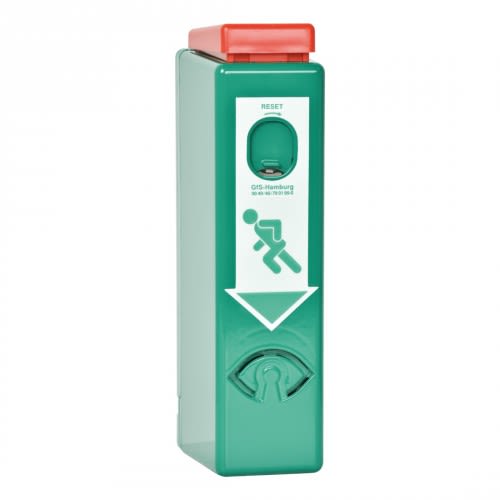 Grüner Fluchttürwächter mit rotem Reset-Knopf und Funkweiterleitung