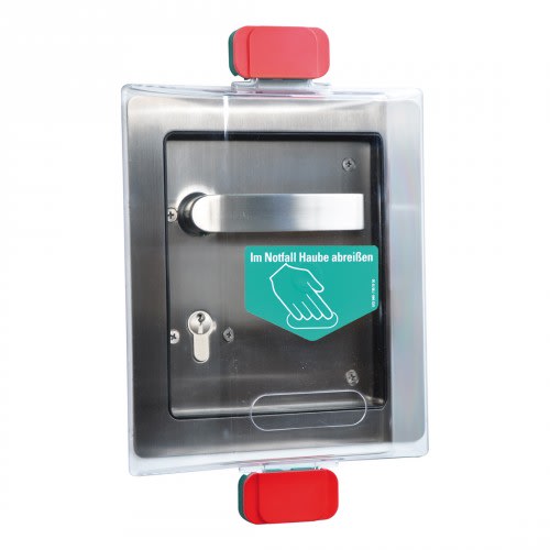 Fluchttürhaube Typ S mit transparentem Schutz und rotem Griff, Notfallhaube zum Abreißen