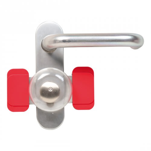 Fluchttürhaube Typ F aus Metall mit rotem Schutz an Türgriff