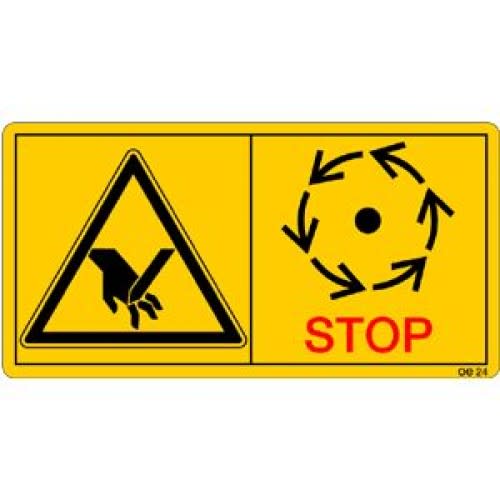 Warnschild Maschinenteile nur dann berühren, wenn sie vollständig zum Stillstand gekommen sind, mit Hand und Stoppsymbol