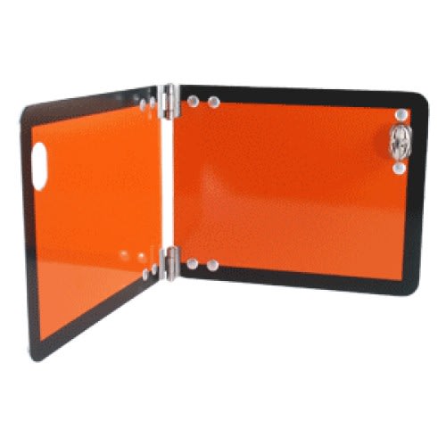 Kleine klappbare Warntafel in orange mit schwarzem Rand gemäß GGVSEB und ADR