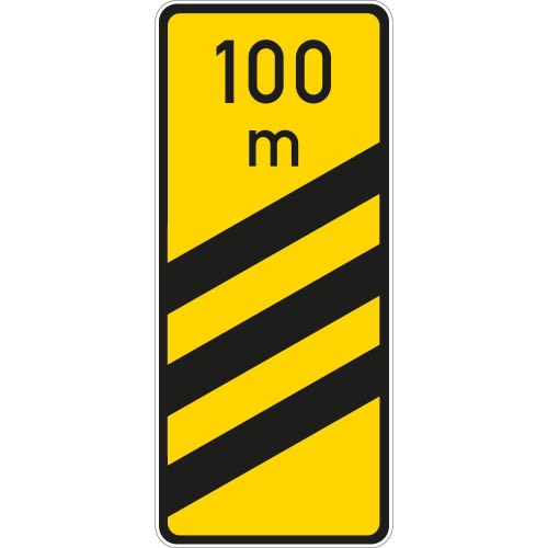 Ankündigungsbake gelb mit drei schwarzen Streifen und 100 m Markierung Verkehrszeichen VZ 450-55