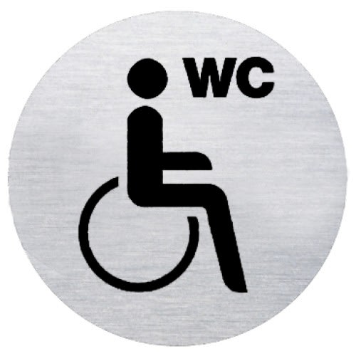 Rundes Textschild mit Symbol für behindertengerechtes WC in schwarzer Farbe auf silbernem Hintergrund