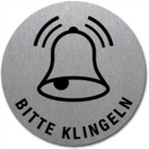 Rundes Textschild mit Klingel-Symbol und Schrift Bitte klingeln