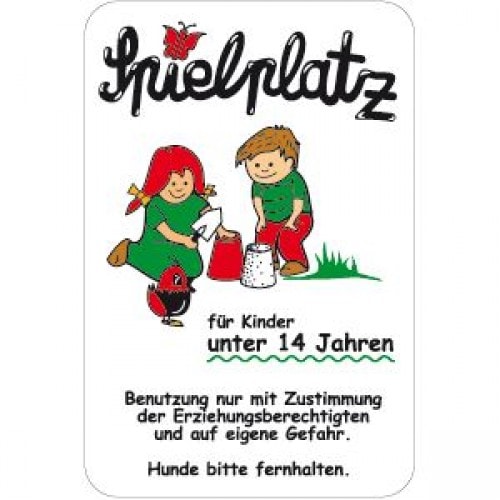 Spielplatz für Kinder unter 14 Jahren Schild mit zwei spielenden Kindern und Hinweis auf Benutzung nur mit Zustimmung der Erziehungsberechtigten