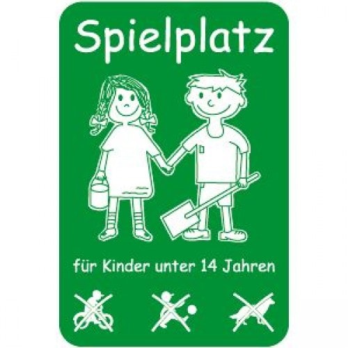 Grünes Schild mit weißer Zeichnung von zwei Kindern, Text Spielplatz für Kinder unter 14 Jahren, Verbotssymbole
