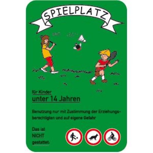 Grünes Schild Spielplatz für Kinder unter 14 Jahren mit zwei spielenden Kindern und Verbotssymbolen